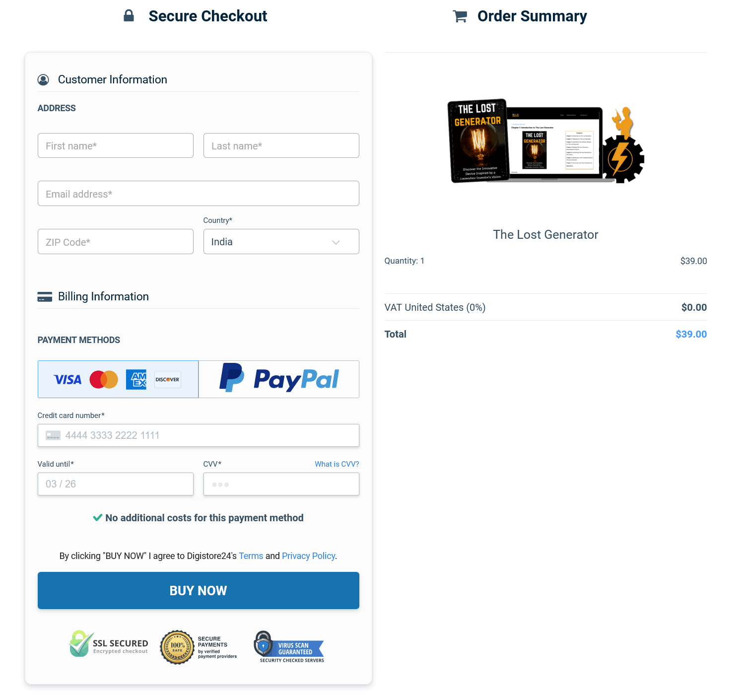 The Lost Generator Checkout Page